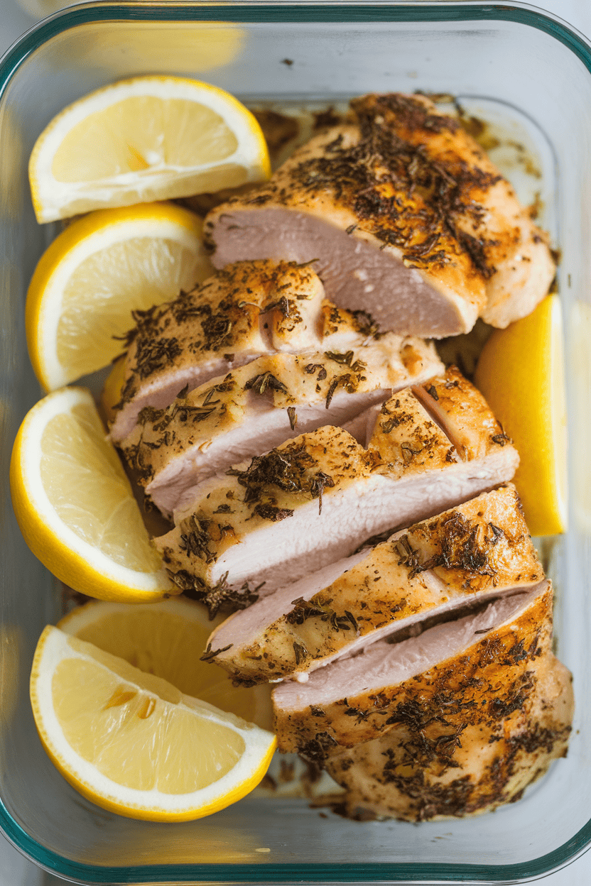 Indoor photo of sliced chicken thigh pieces sprinkled with oregano and served beside lemon wedges in a glass container. No logos or text.
