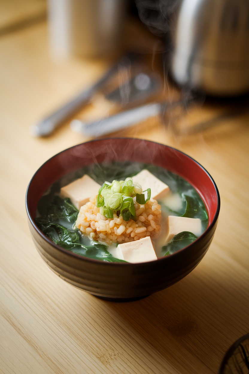Indoor bowl of steaming miso soup containing brown rice, baby spinach, and tofu cubes, garnished with scallions. No text or logos.