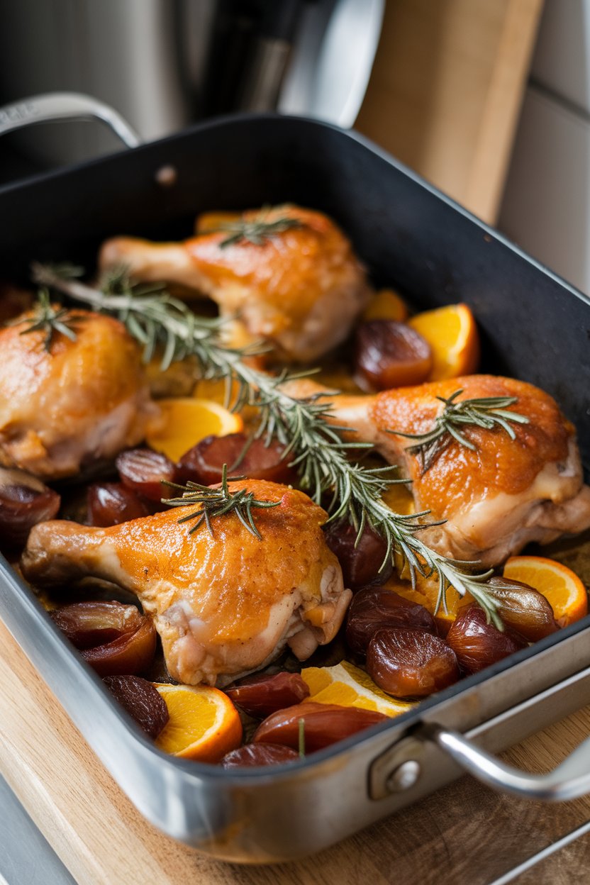 A roasting pan indoors featuring chicken legs glazed with orange juice, rosemary sprigs, and caramelized shallots. No logos or text.