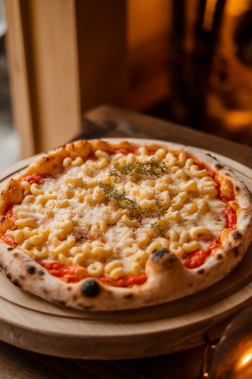 Bubbling macaroni-topped pizza, cheese stretching everywhere under warm indoor lighting. Photo only, no text or logos.