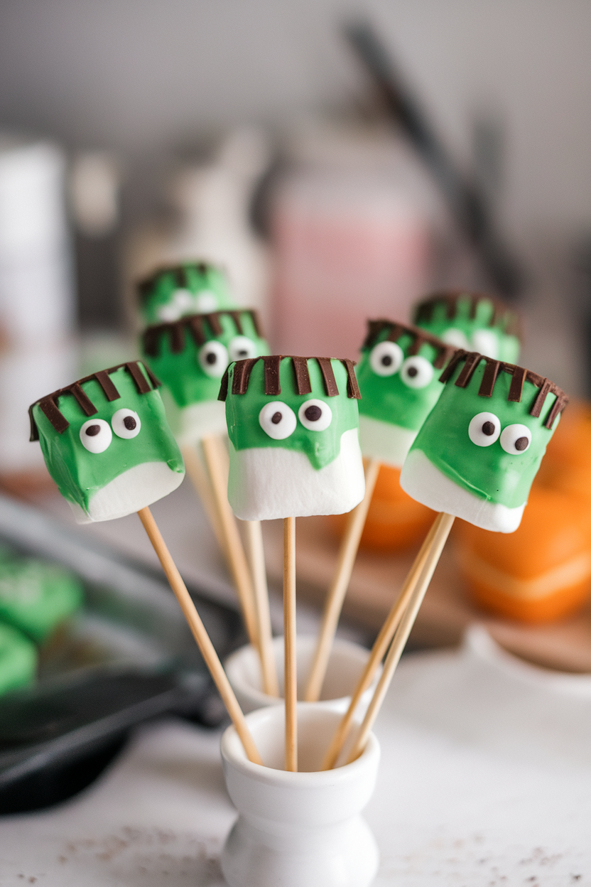 Indoor countertop shot of marshmallows on sticks dipped in green candy melts, decorated with mini chocolate chip “hair” and candy eyes to resemble Frankenstein. Photo only, no text or logos.
