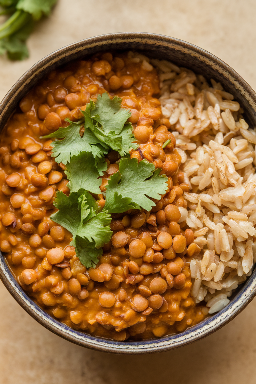 Indoor photo of a deep bowl filled with red lentil daal, a scoop of brown rice on one side, and cilantro garnish; no text or logos present.