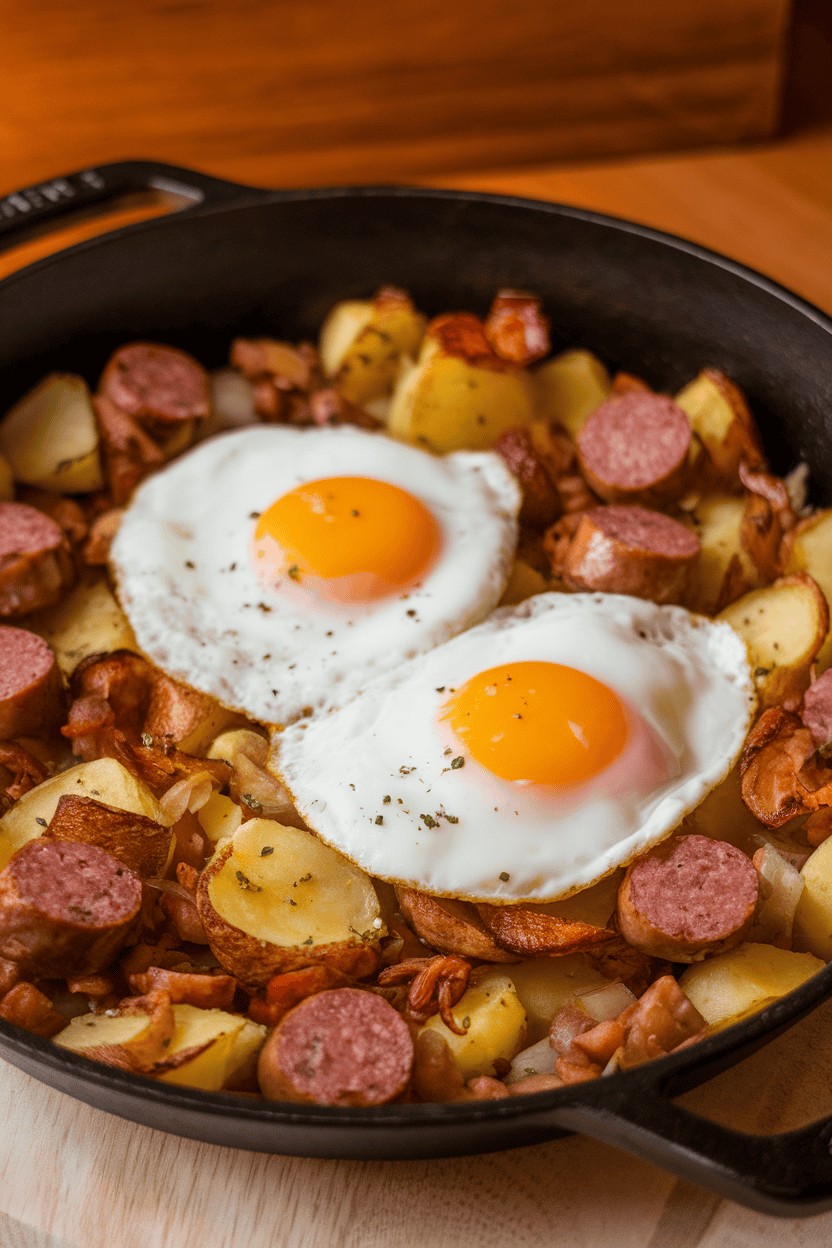 Indoor photo of crispy potato hash with sausage and sunny-side eggs in a cast-iron pan; no logos or text.
