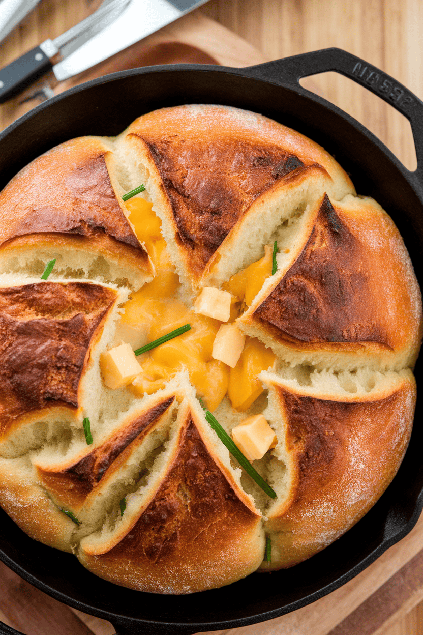 Overhead indoor photo of pull-apart sourdough scored deeply, melted cheddar and chives visible between cubes, served in a cast-iron skillet. No text or logos.