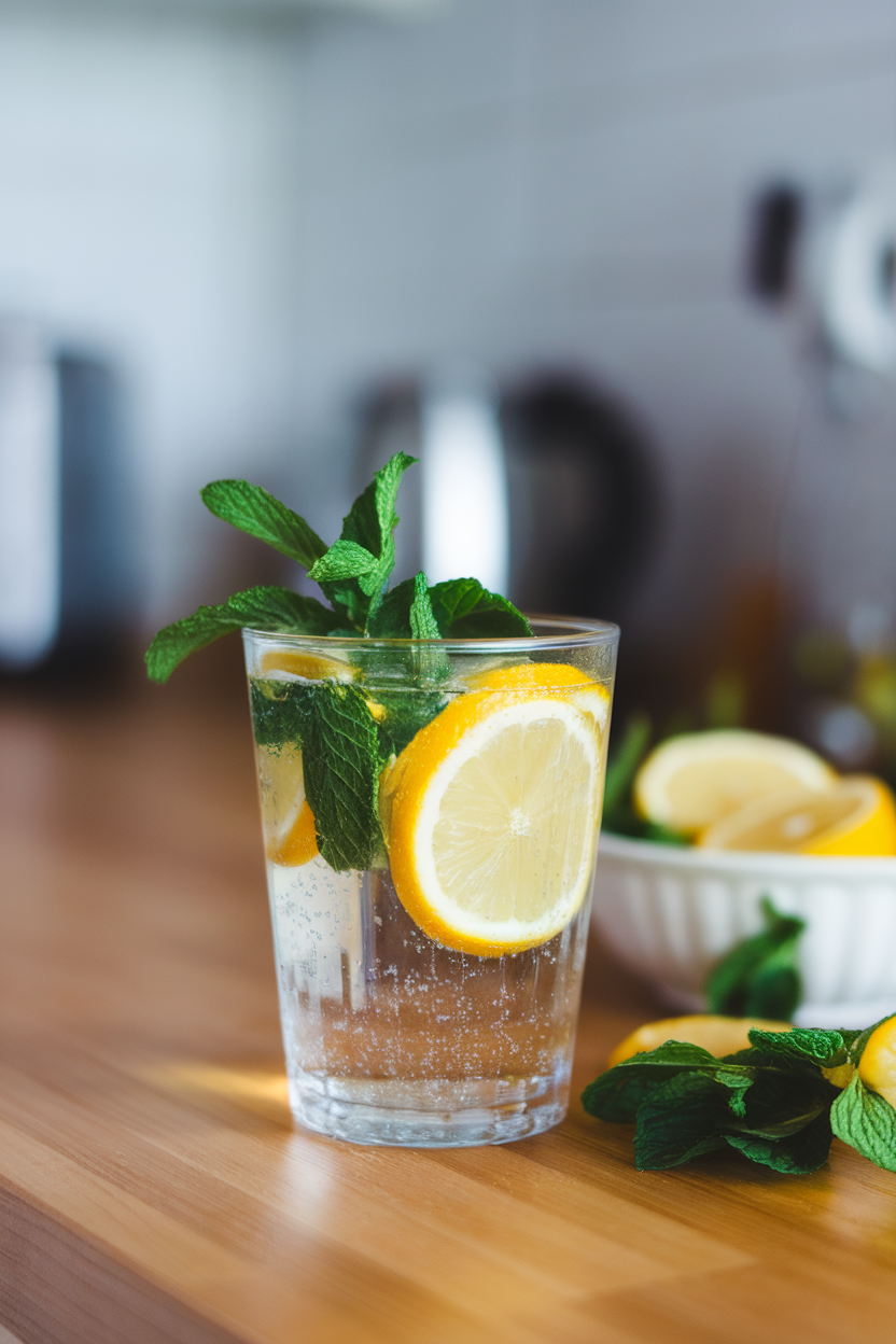 Indoor photo of a clear glass of sparkling water with lemon slices and fresh mint on a countertop; no text or logos