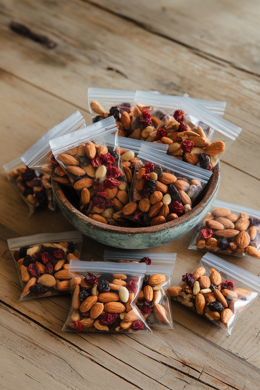 Indoor photo of several clear mini bags containing colorful trail mix—almonds, dried cranberries, sunflower seeds—spread around a rustic bowl. No text or logos visible.