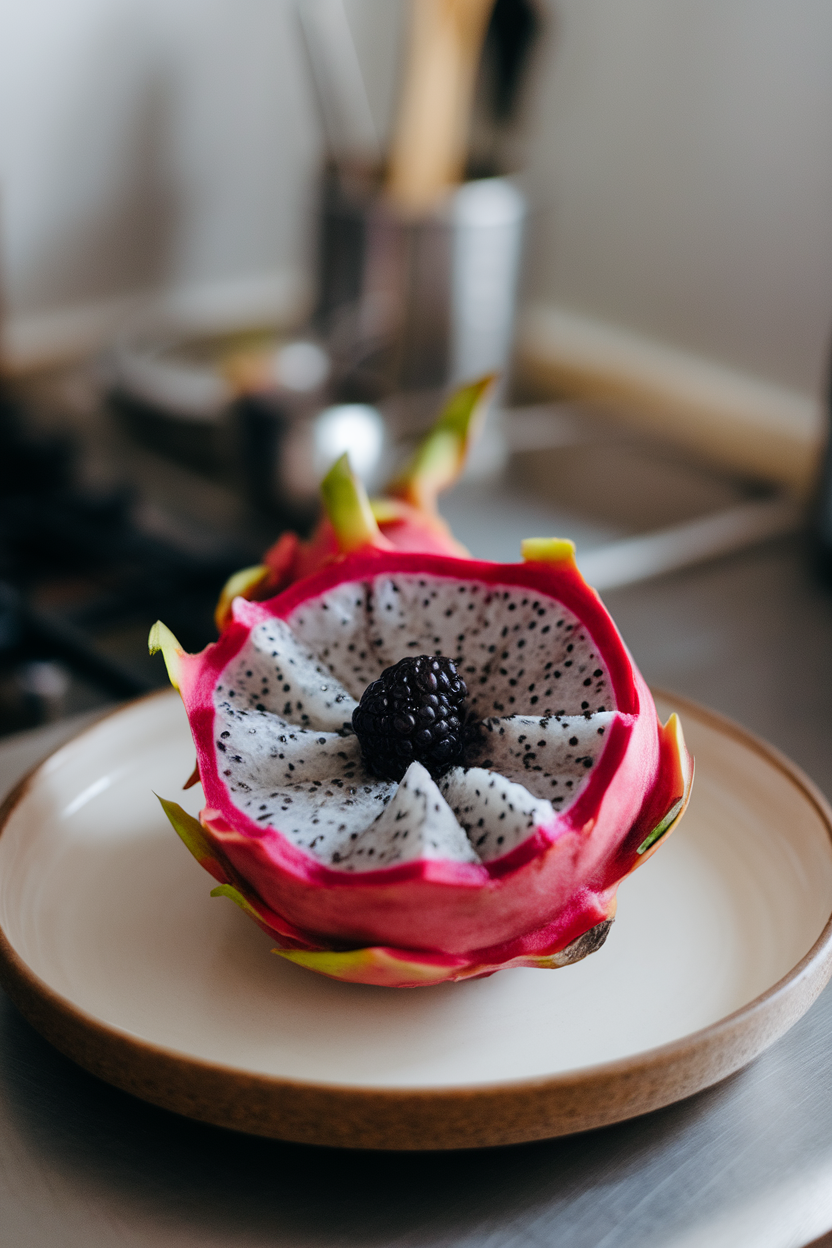 A round white plate indoors where thin dragon-fruit petals form a blooming flower, blackberry center sparkling. No text or logos.