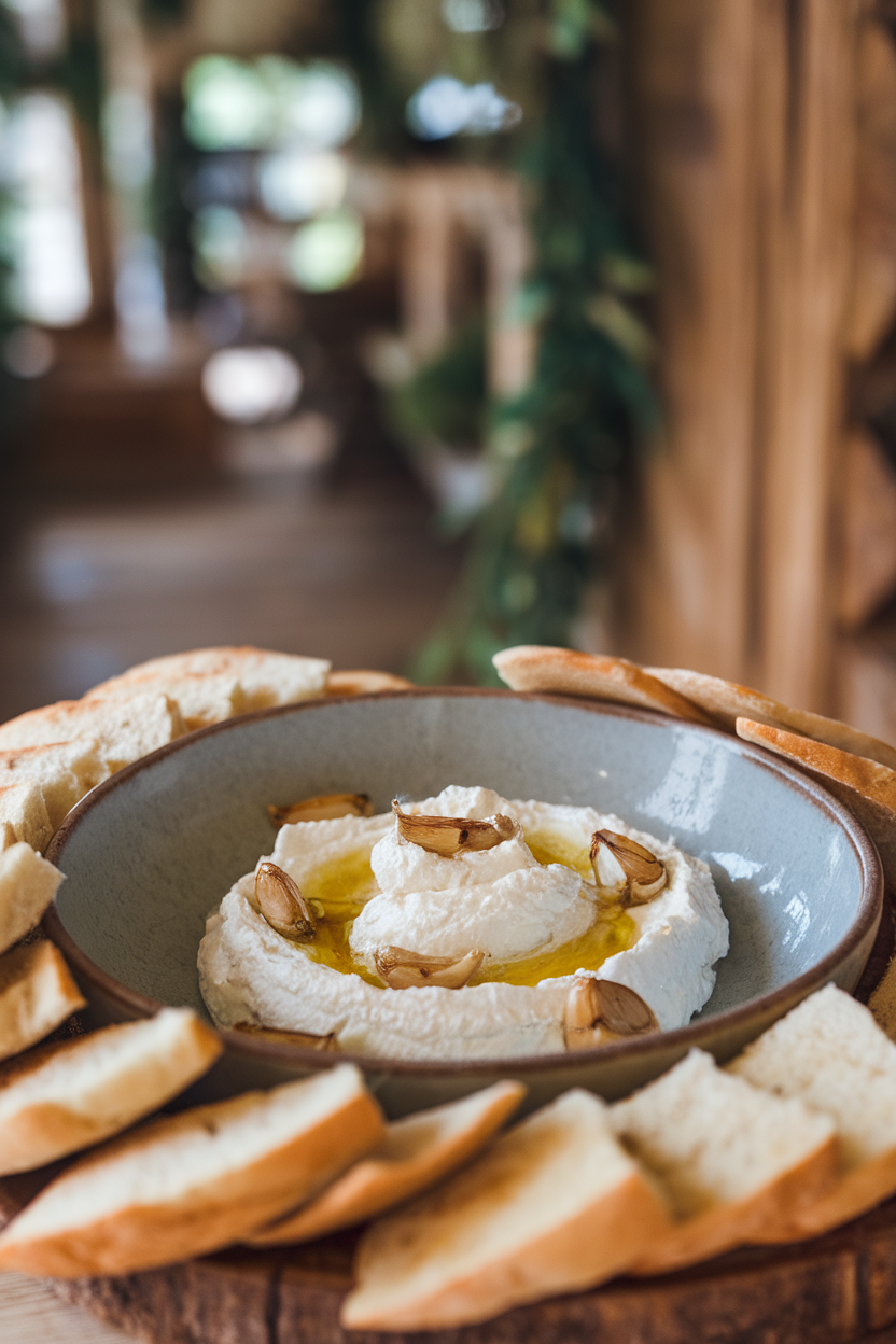 A shallow indoor bowl of whipped feta topped with roasted garlic cloves and a drizzle of olive oil, slices of warm pita nearby. No text or logos present. Photo only.