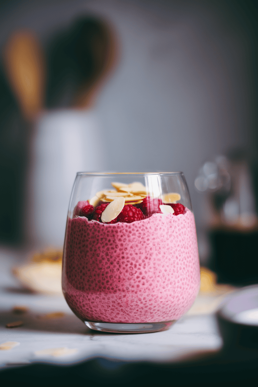 Indoor photo of a clear glass filled with pink raspberry chia pudding topped with sliced almonds, side lighting, no text or logos.