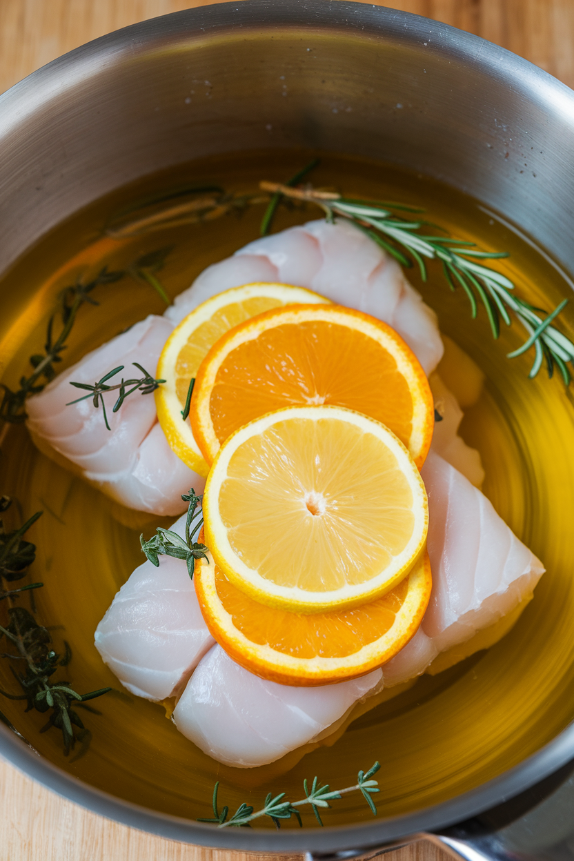 An indoor saucepan containing cod fillets submerged in warm olive oil with floating lemon and orange slices and fresh herbs. No text or logos; photography only.