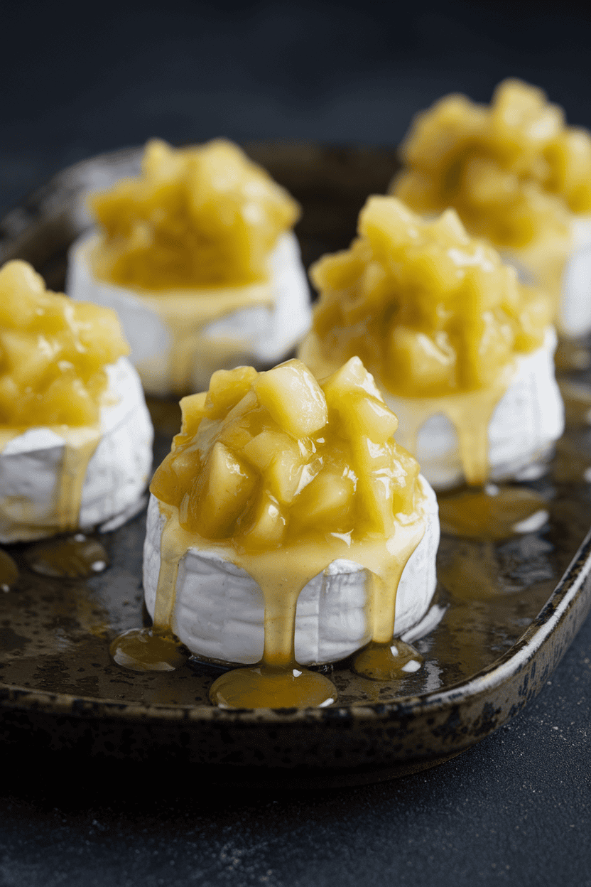 Indoor close-up photo of mini brie rounds topped with glossy green apple compote drizzling down like poison, set on a black ceramic tray. No text or logos.