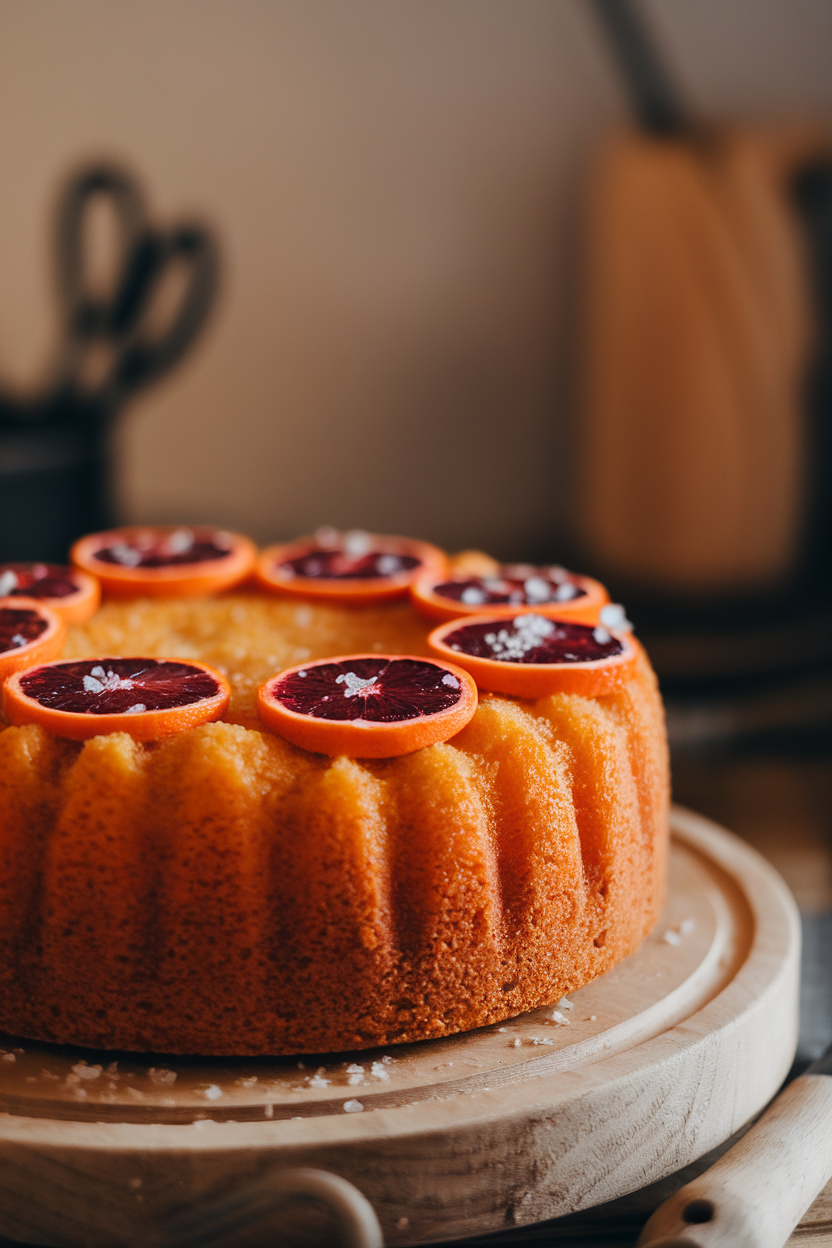 Indoor photo of an upside-down cake revealing glistening ruby blood orange rounds, sprinkled with flaky salt, under warm light. No text or logos.