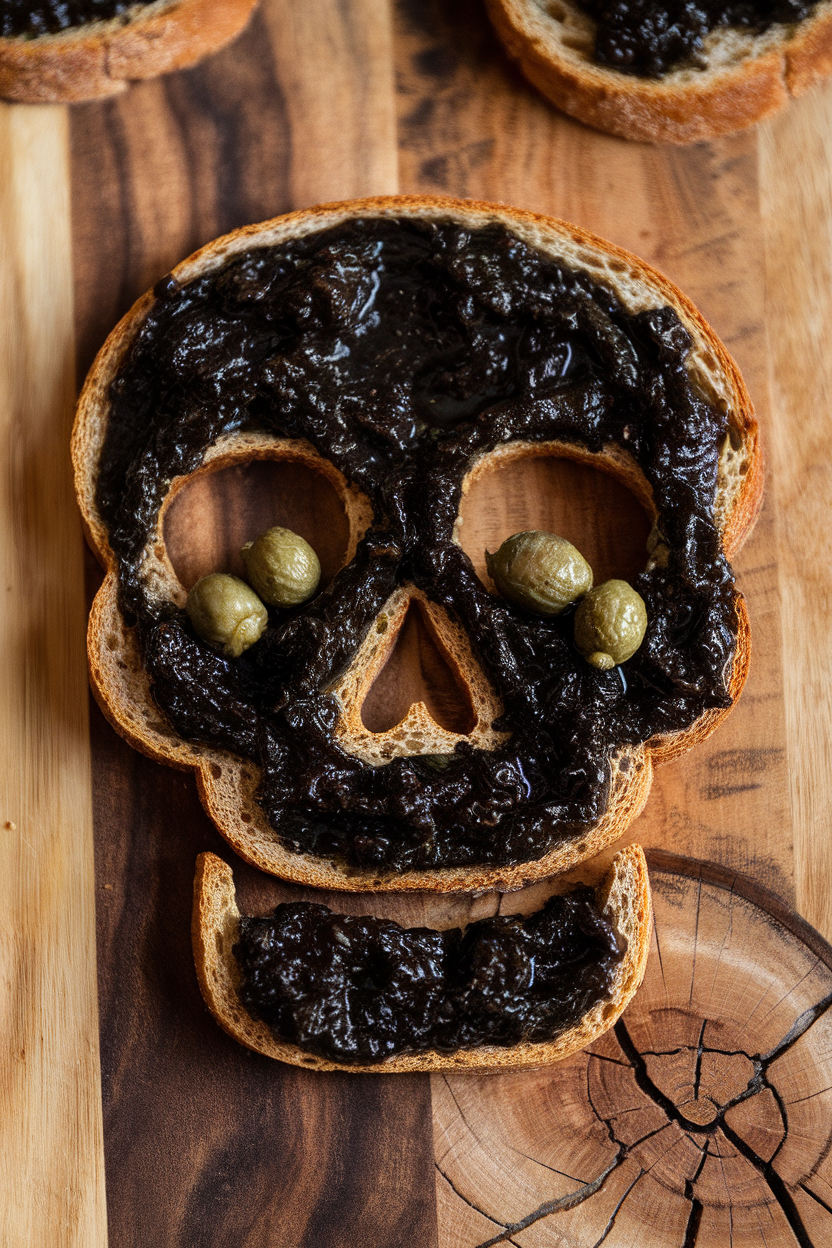 A rustic indoor serving board with skull-shaped toasts spread thickly with glossy black olive tapenade, a few capers for eyes. No text or logos. Photo, not illustration.