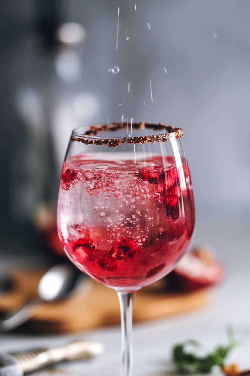 Photo of a stemless wine glass indoors, bubbles rising through pink pomegranate spritz with a cracked peppercorn rim. No text or logos in frame.