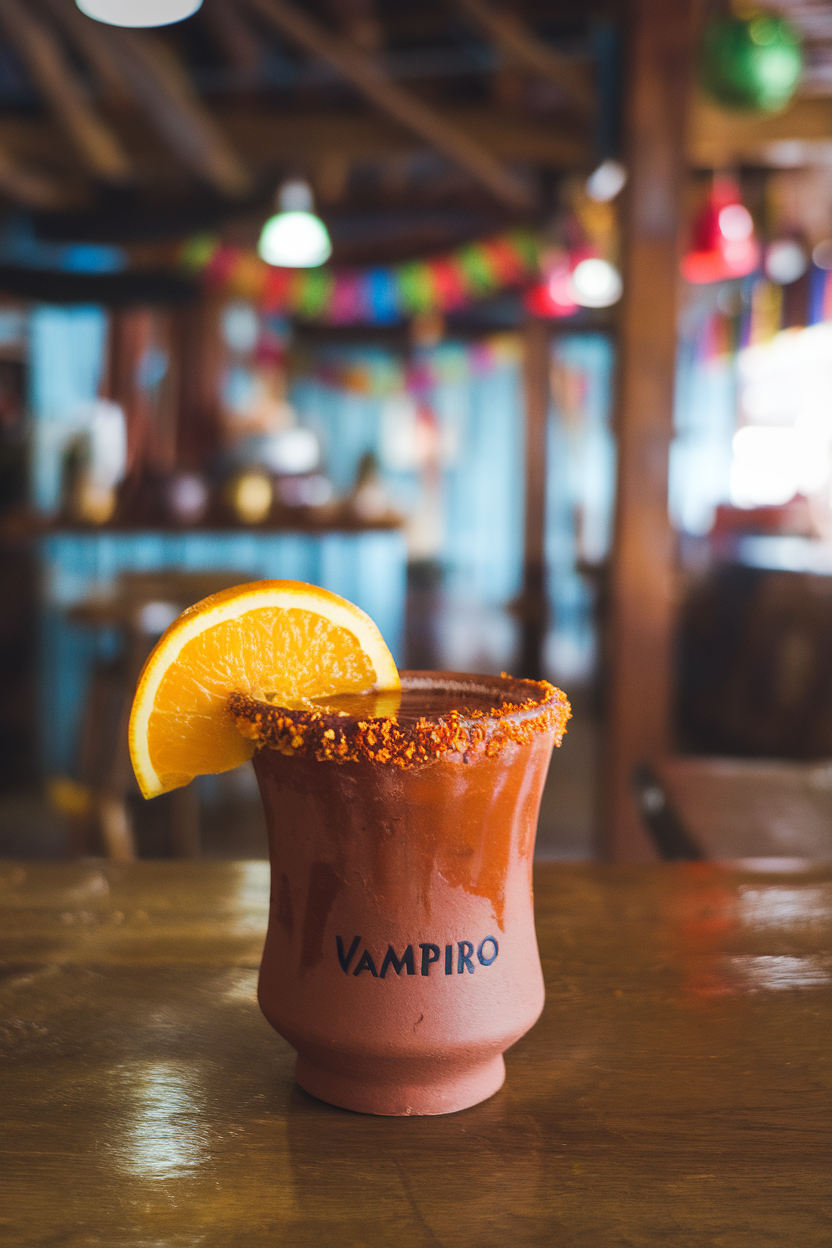 Indoor Mexican cantina with clay cantarito cup of reddish Vampiro, rim dipped in chili-lime salt, slice of orange resting on top. No text or logos visible. Photo, not illustration.