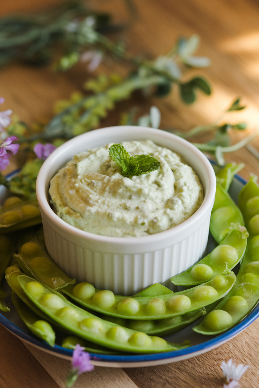 An indoor spring platter featuring a pale green pea mint dip in a white ramekin, snap peas on the side. Photo, no text or logos.