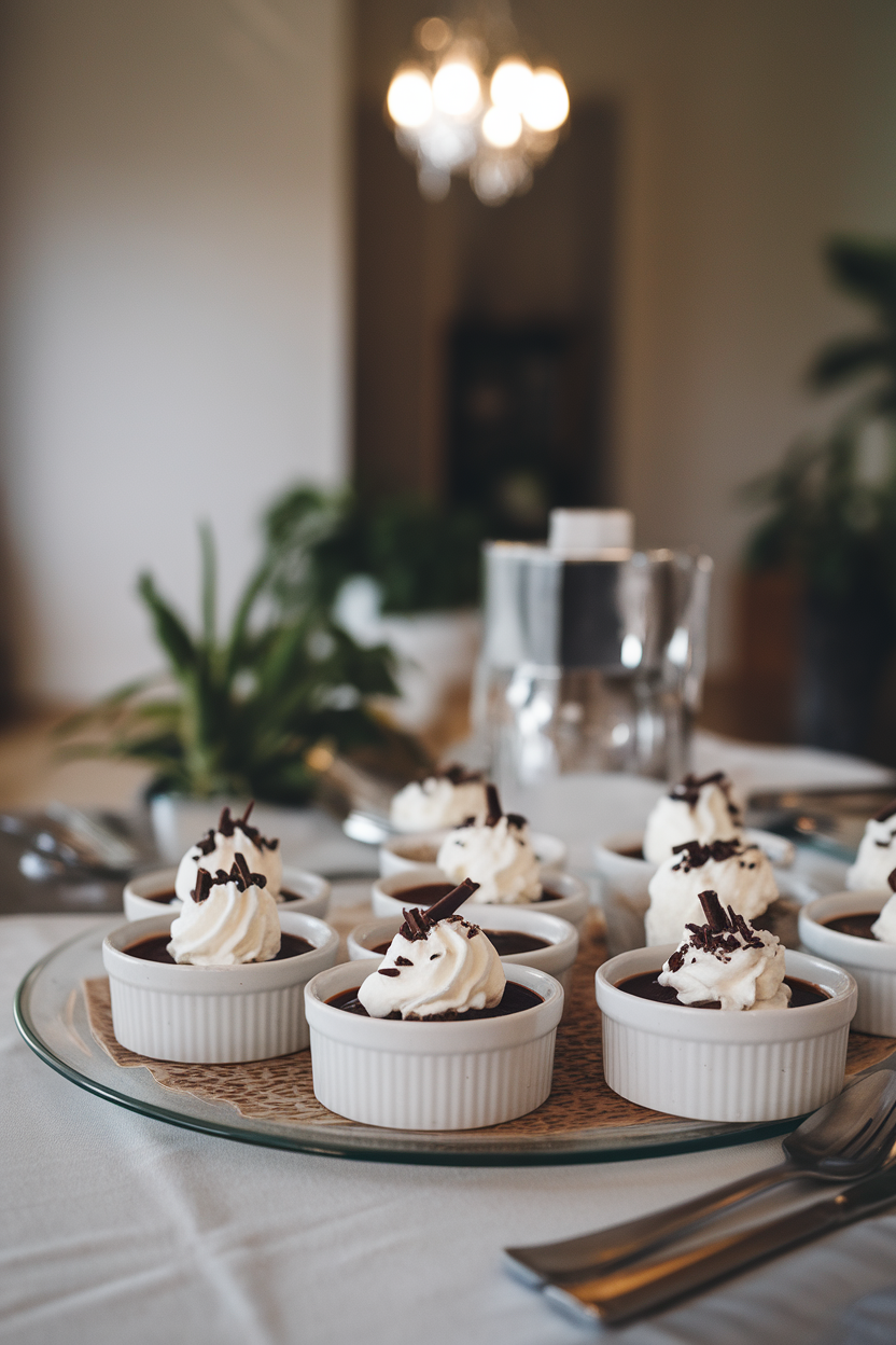 Indoor table with small ramekins of dark chocolate custard, each topped with a dollop of whipped cream and chocolate shavings. No text or logos.