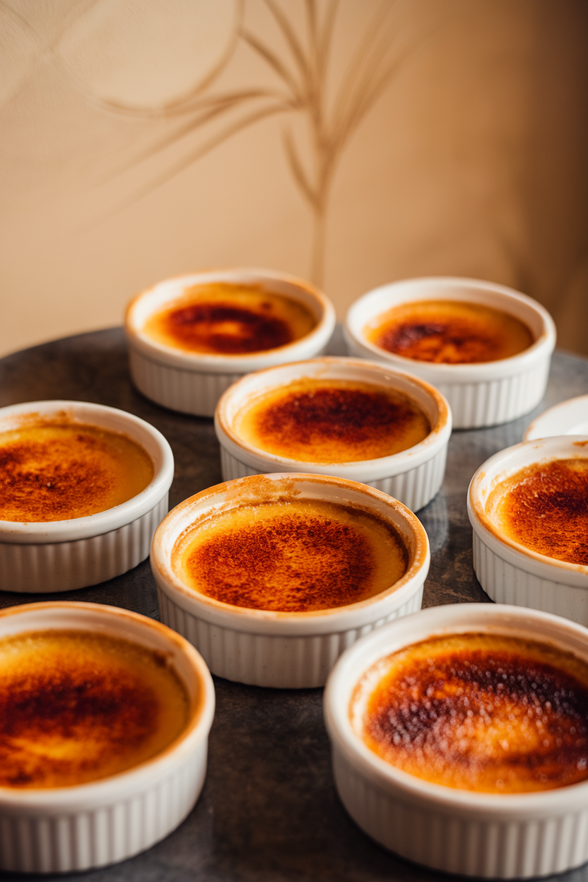 Indoor dessert scene with shallow ramekins of crème brûlée, freshly torched sugar crust glowing amber. No text or logos.