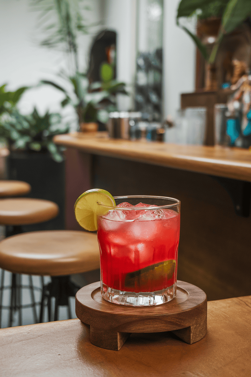 Indoor Brazilian-style bar with an old-fashioned glass of bright red caipirinha, lime wedges muddled at bottom, chunky ice glistening; no text or logos.