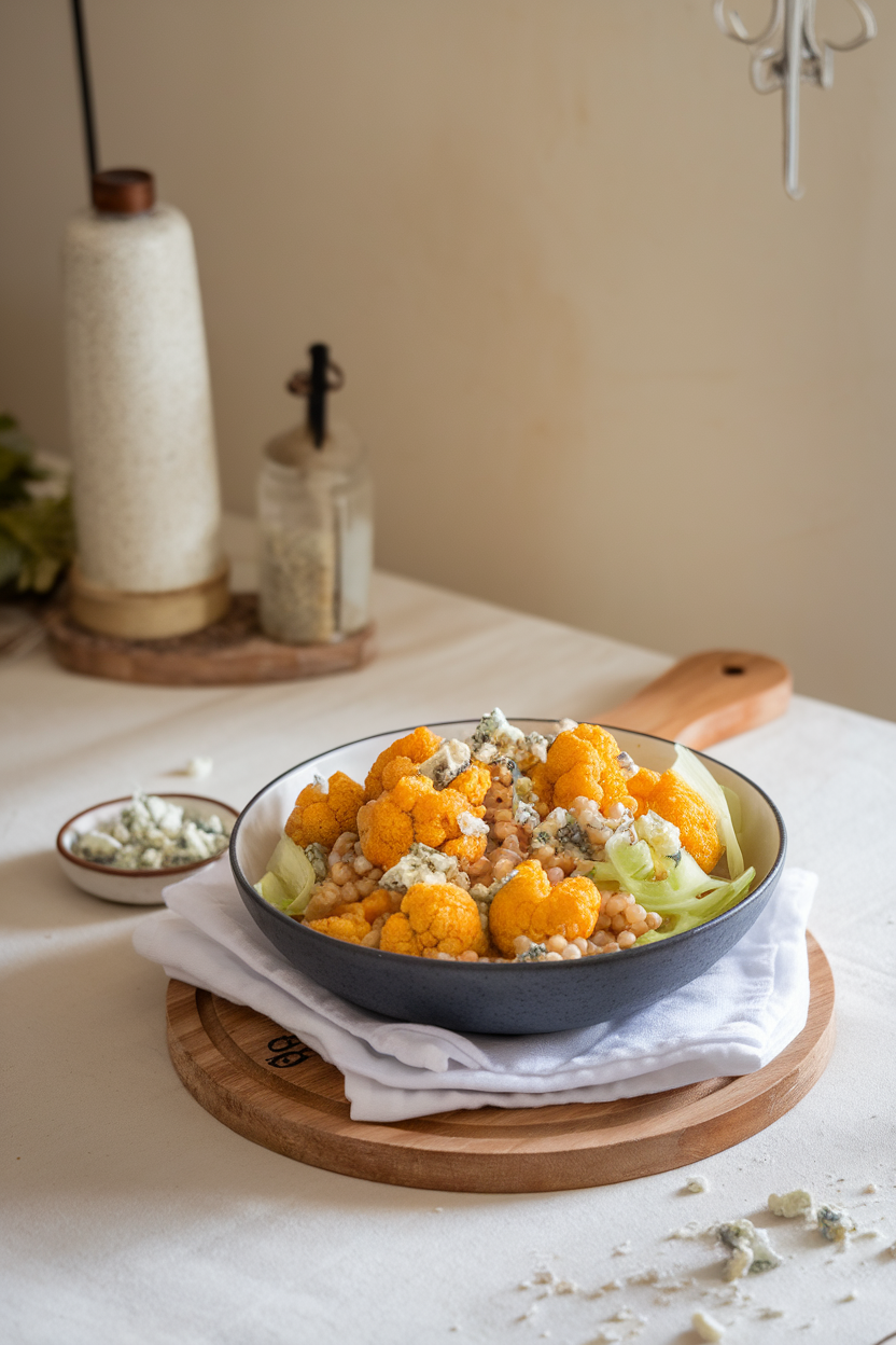 Photo of an indoor dining table featuring a bowl with roasted buffalo-style cauliflower florets, pearl barley, celery ribbons, and crumbled blue cheese. No text or logos present.