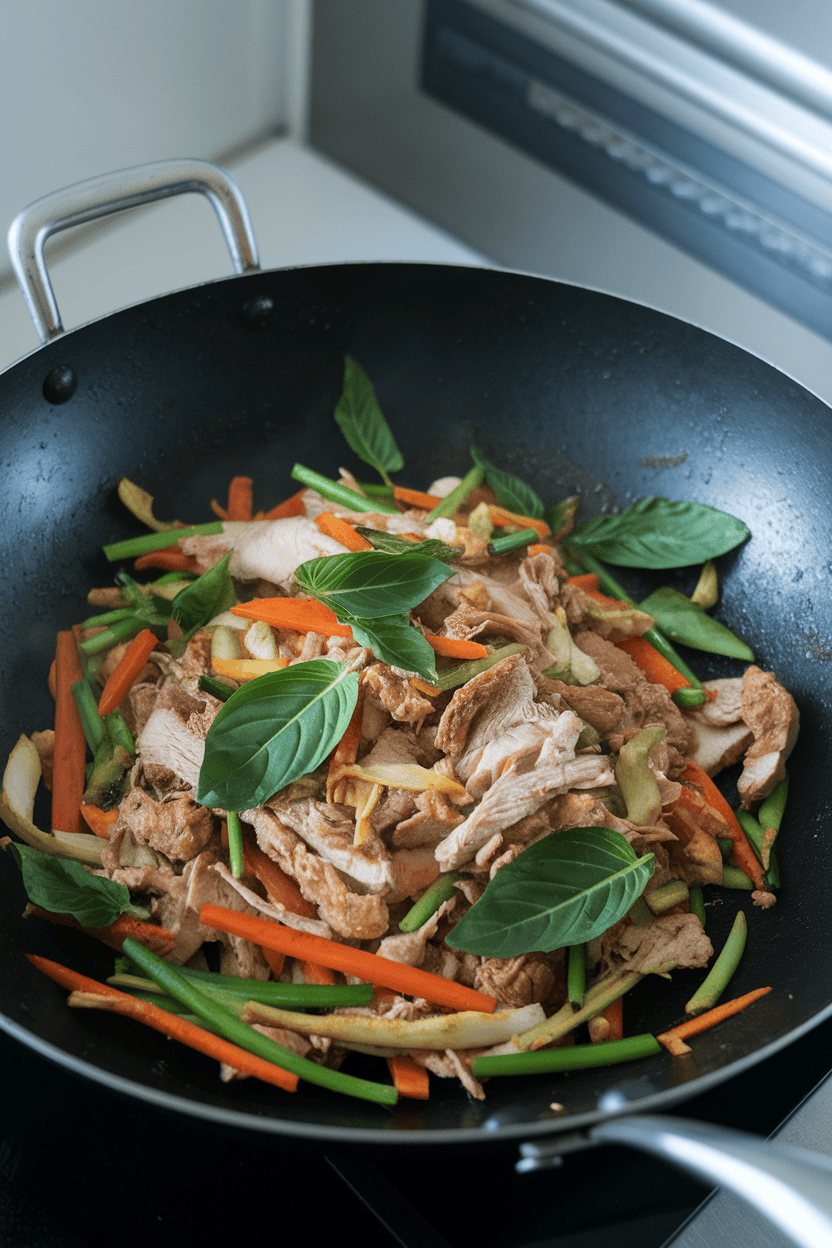 Photo of turkey and mixed vegetables tossed with Thai basil leaves in a wok indoors, no text or logos.