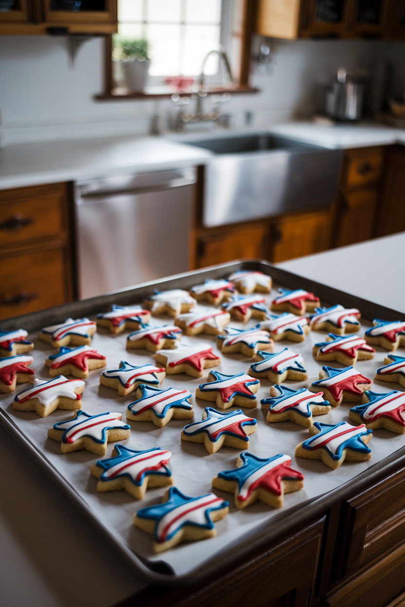 A baking sheet inside a cozy kitchen, filled with star-shaped sugar cookies iced in red, white, and blue royal icing, shot overhead. No text or logos.