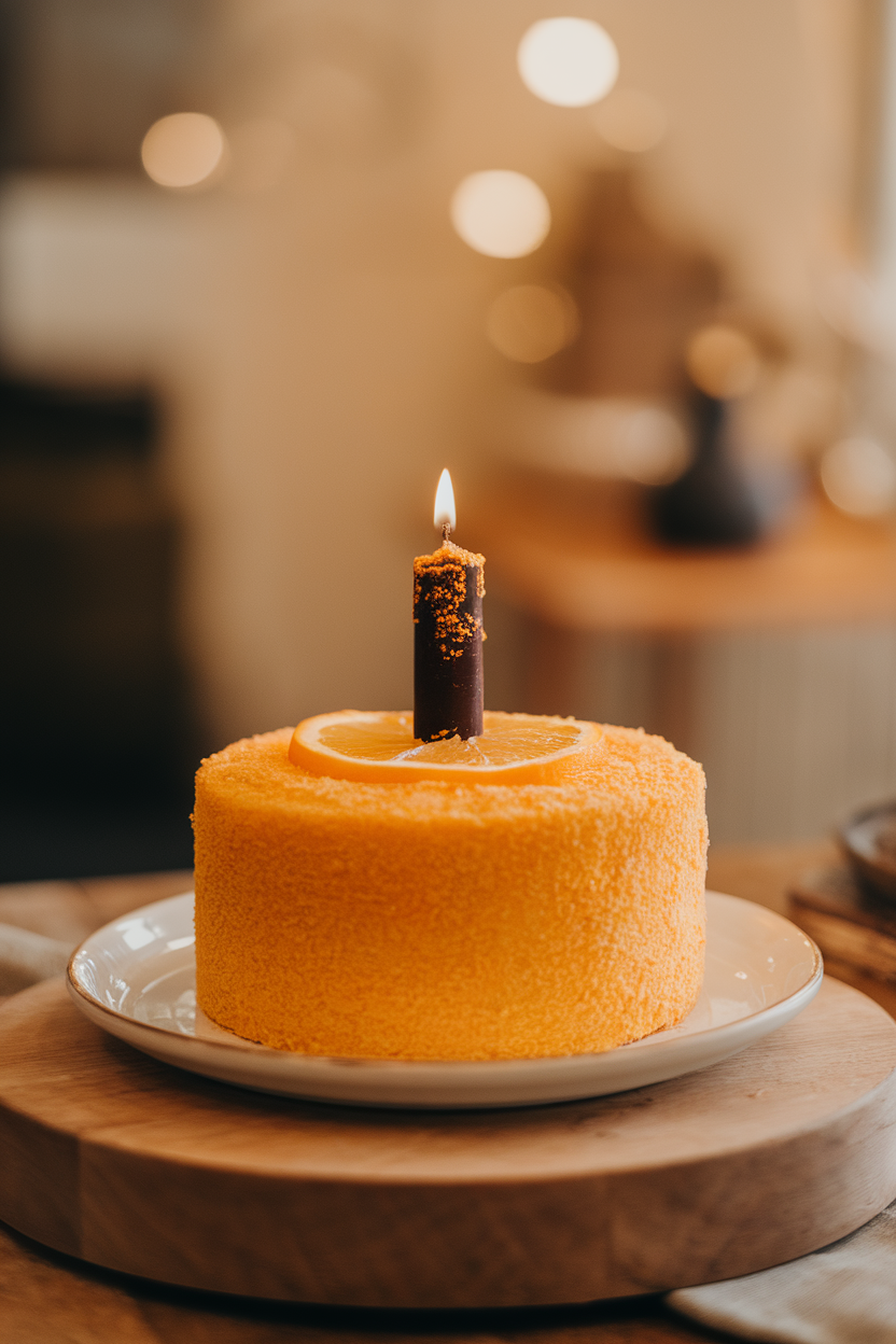 Indoor photo of a citrus sponge cake topped with a single black candle made of chocolate, flame created with orange sugar, warm indoor lighting. No text or logos.