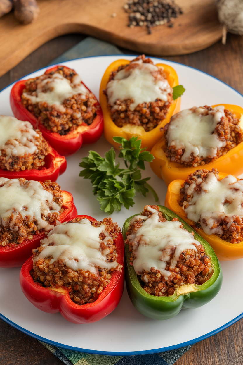 Indoor photo of colorful bell peppers filled with beef and quinoa mixture, melted cheese on top, no text or logos. Photograph, not illustration.