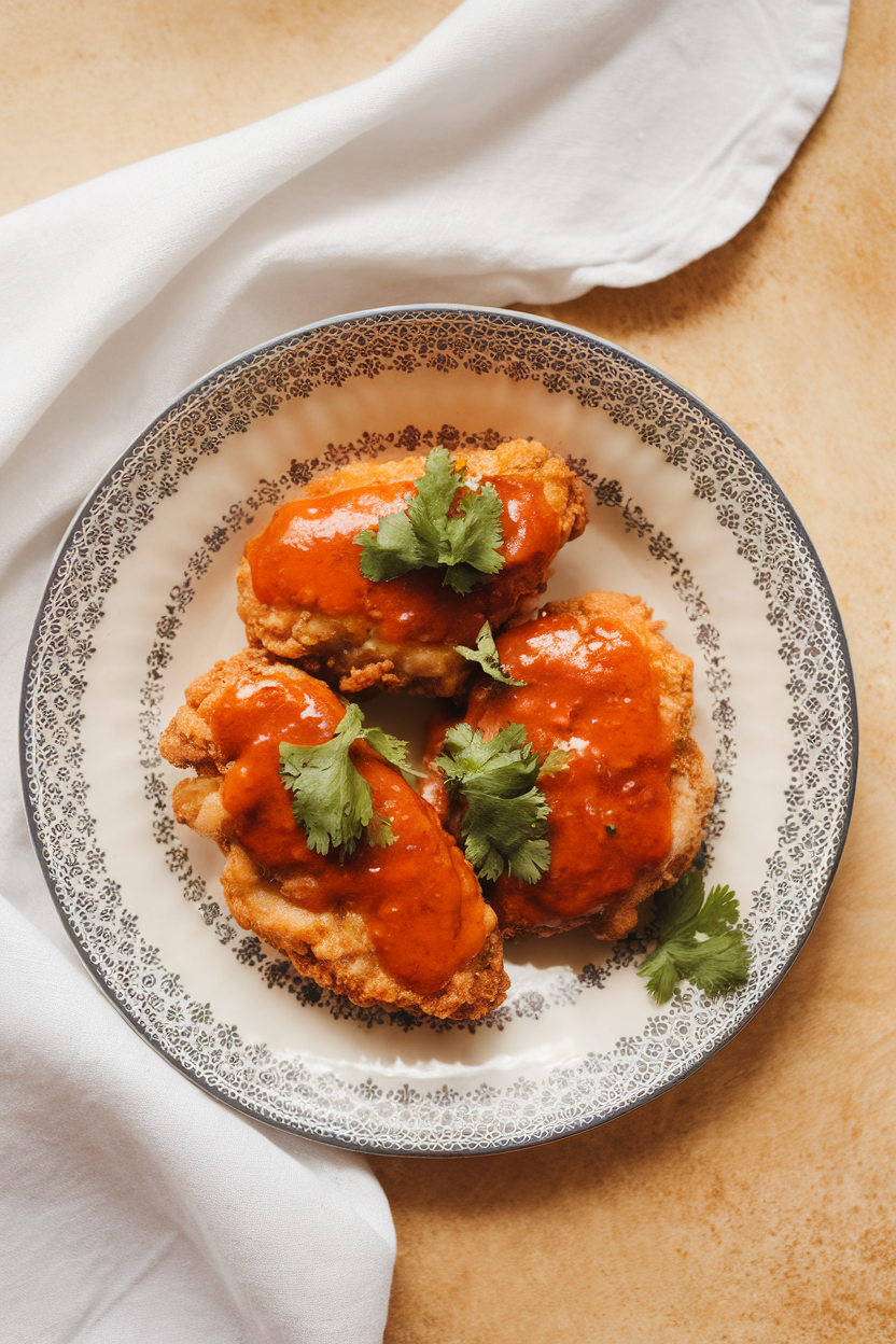 Indoor tabletop highlighting fried chicken breasts brushed with bright red sriracha-lime glaze, cilantro sprinkle, photo only, no text or logos
