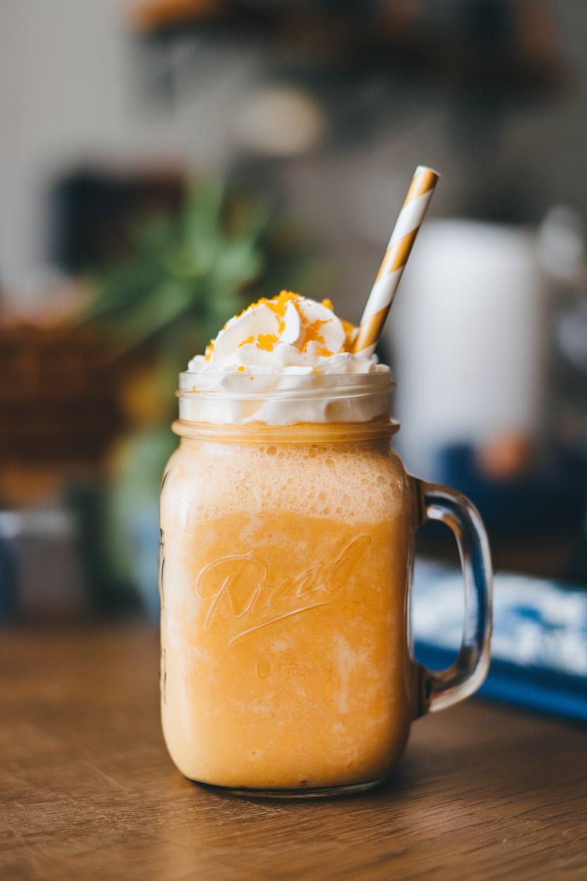 Indoor photo of an orange smoothie in a glass jar with a striped straw, topped with whipped cream and a sprinkle of orange zest, sitting on a wooden table. No text or logos present.