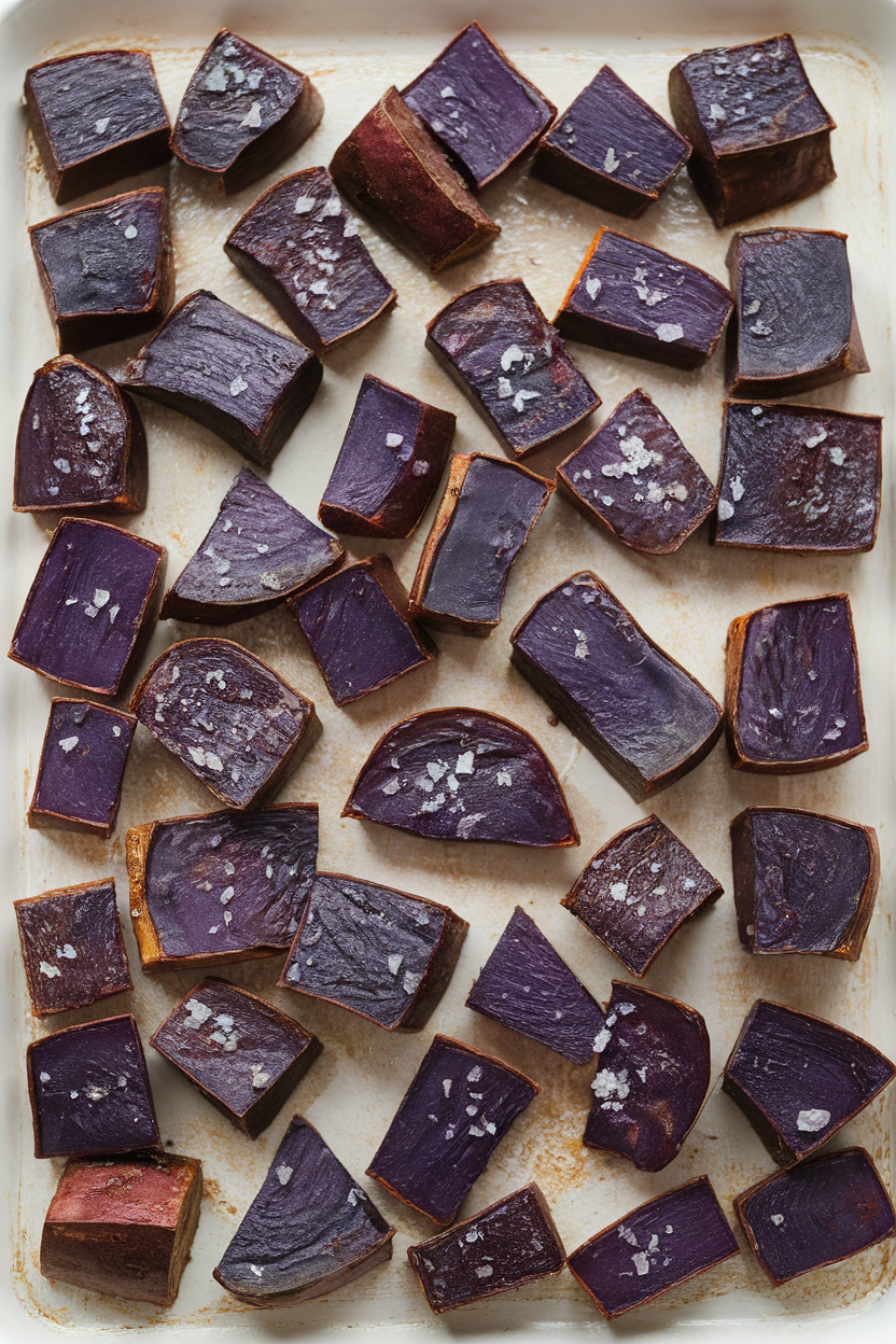 Cubes of vibrant purple sweet potatoes roasted and sprinkled with sea salt on an indoor tray; no text or logos. Photo only.