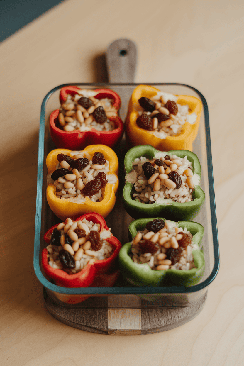 Indoor photo of halved bell peppers filled with herbed rice, pine nuts, and raisins, arranged in a glass container. Soft overhead light, no text.