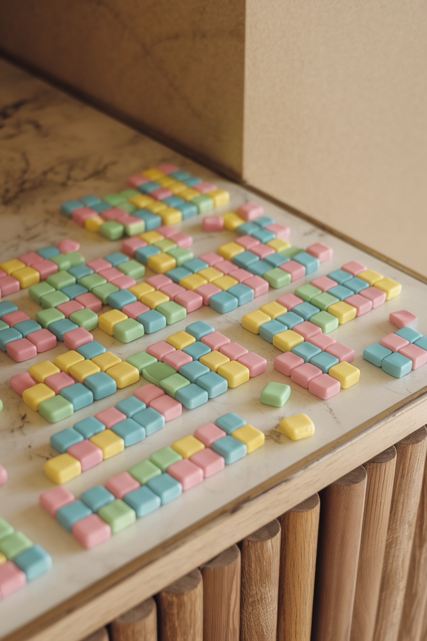 Photo of indoor table with small square fruit chews in assorted pastel colors, glossy surface, no logos