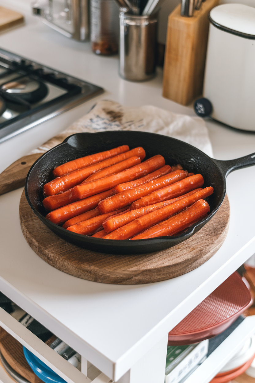 An indoor kitchen island featuring glazed carrot batons in a small skillet, a sheen of brown sugar glaze visible; no text or logos. Photo.</Prompt