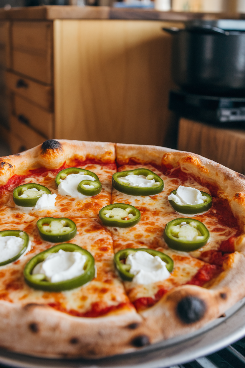 Pizza with jalapeño popper topping—cream cheese dollops and sliced peppers—photographed indoors. Photo only, no text or logos.