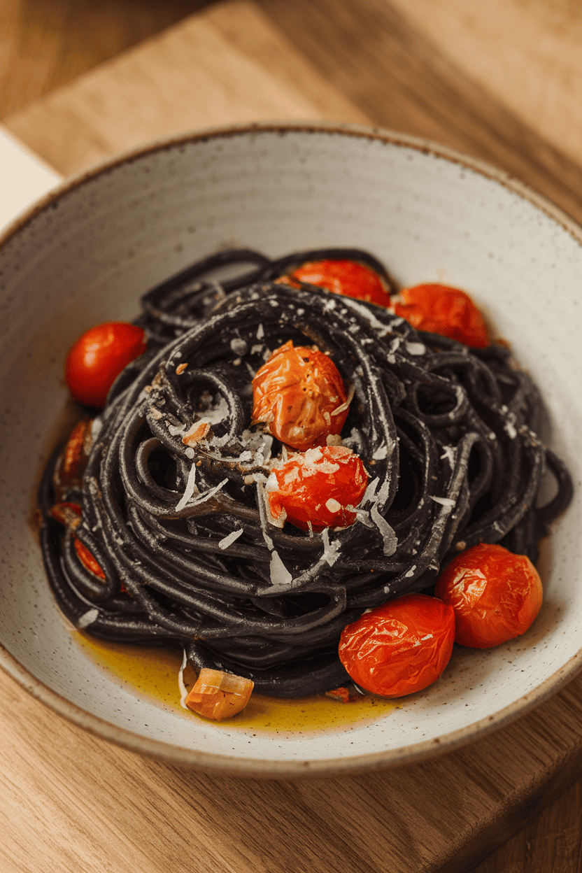 Indoor photo of a shallow bowl of squid-ink pasta tossed with roasted garlic and cherry tomatoes, parmesan sprinkled on top. Warm under-cabinet lighting, no text or logos.