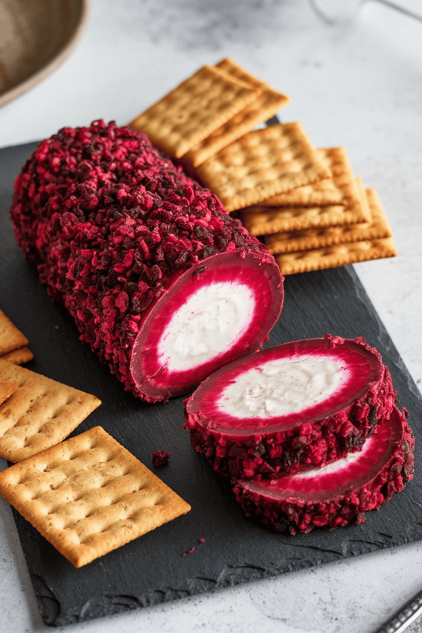 Indoor photo of a goat cheese log coated in crushed roasted beets, sliced to reveal a white center, presented on a slate board with crackers. No text or logos.