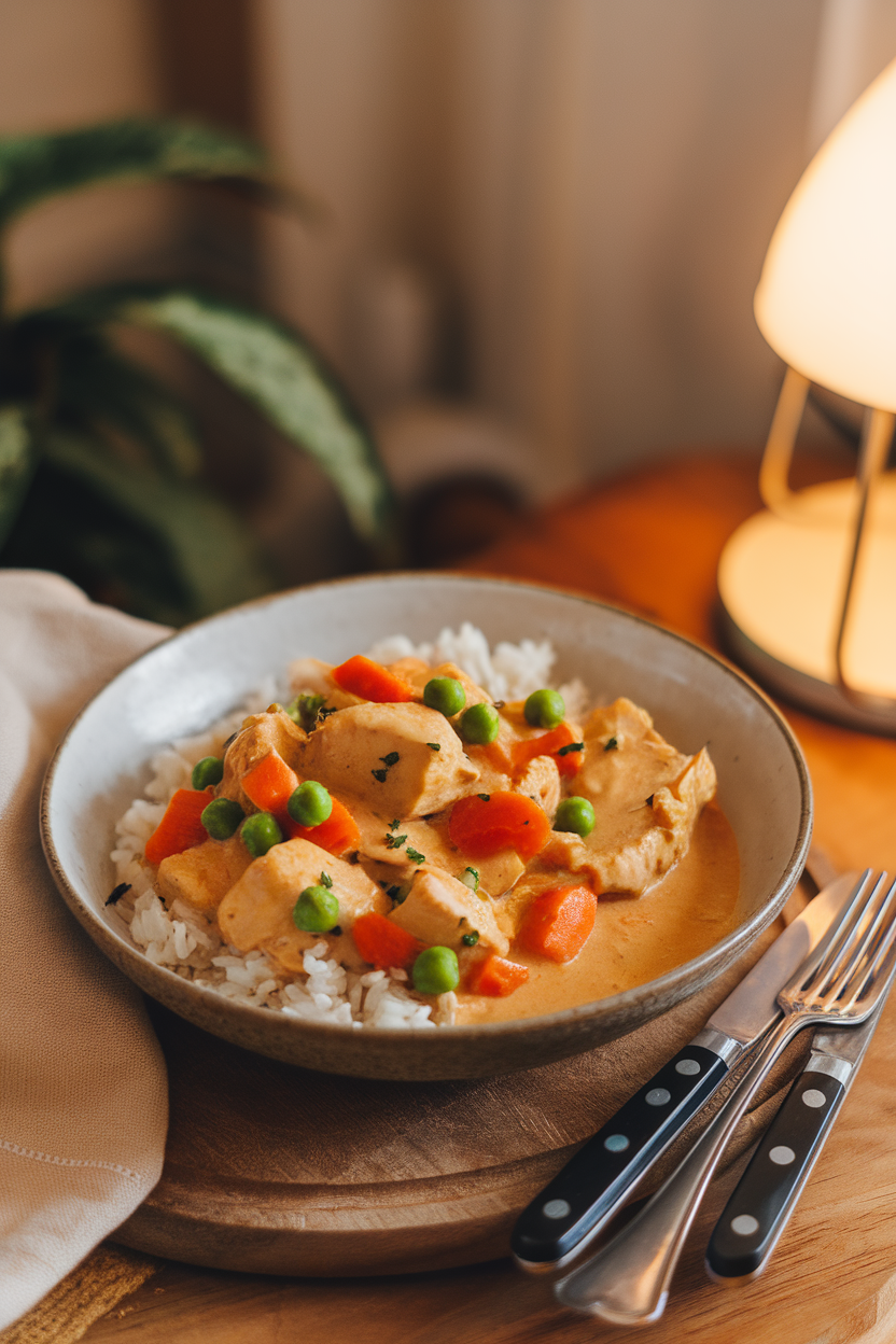 Indoor bowl of creamy coconut curry with chicken breast chunks, carrots, and peas, served over rice. No text, no logos, warm lighting. Photo.