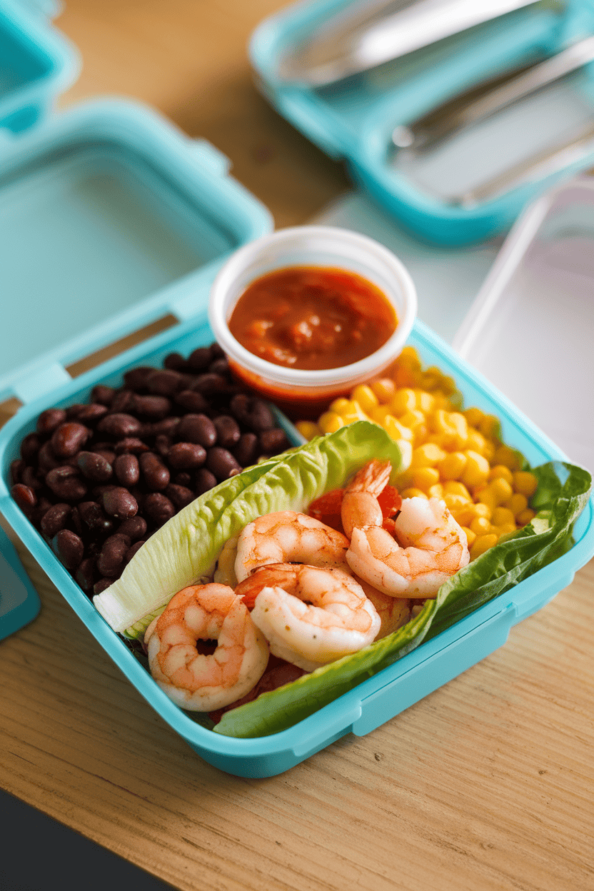 Indoor lunch container sectioned with romaine, black beans, grilled shrimp, corn, and salsa in a small cup. No logos or text, photo only.