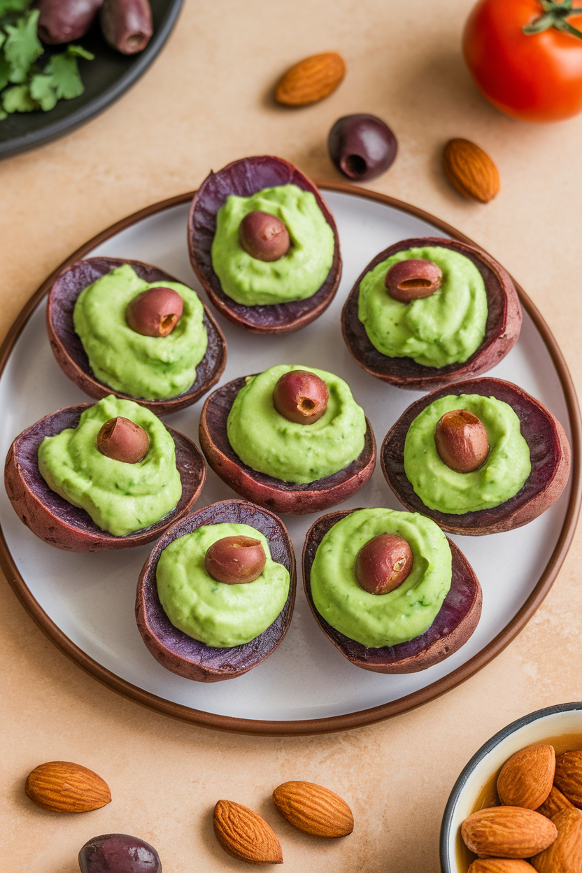 Indoor tapas plate of halved purple potatoes filled with bright green avocado aioli. Photo, no text or logos.