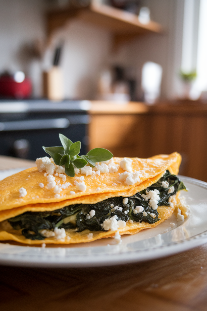 Photo of a folded omelet filled with wilted spinach and crumbled feta, garnished with fresh oregano leaves, on a white plate inside a cozy kitchen. No text or logos present.