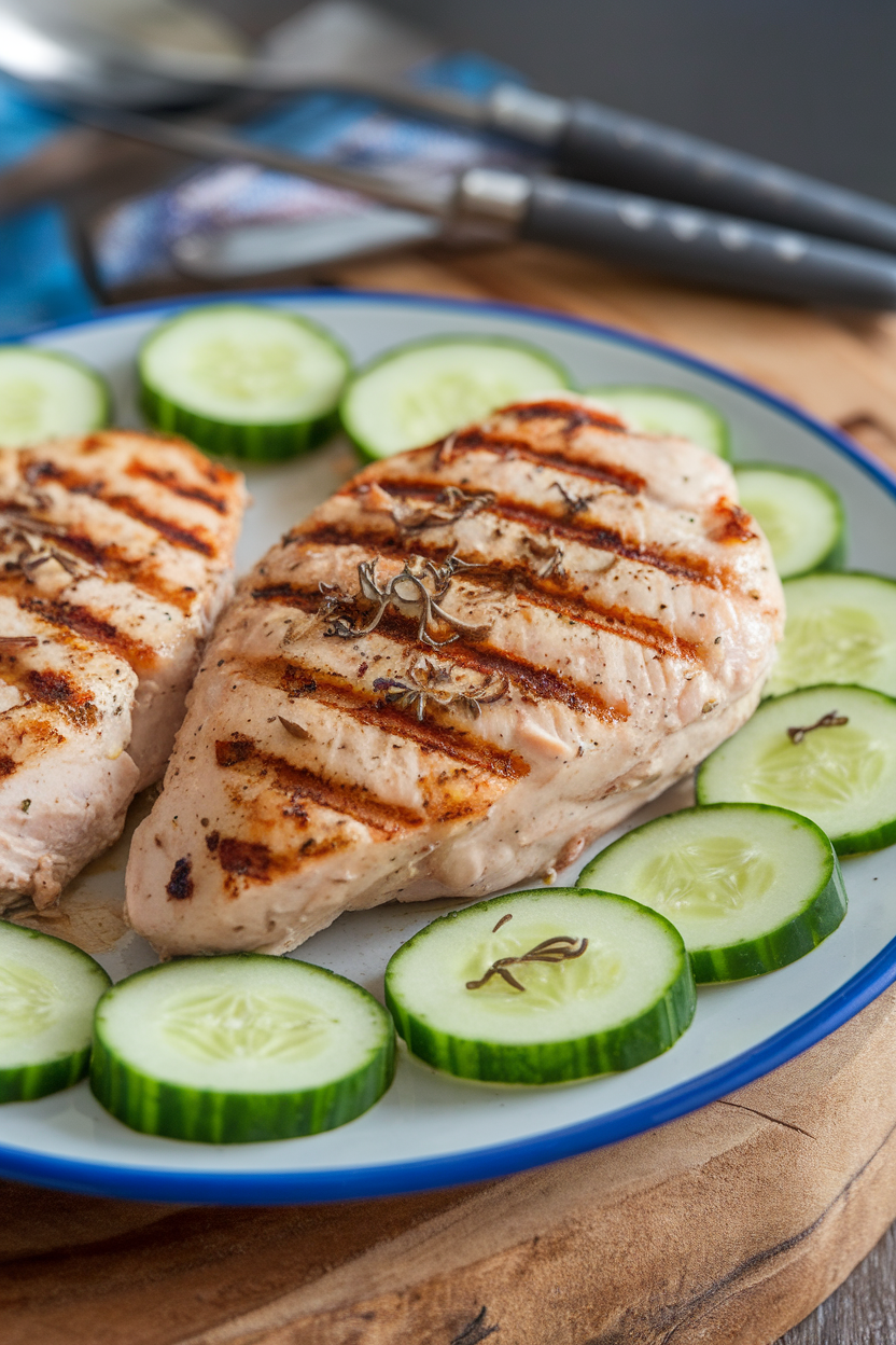 Indoor plate with grilled yogurt-marinated chicken breast, sprinkled with oregano, served with cucumber slices. No logos. Photo.