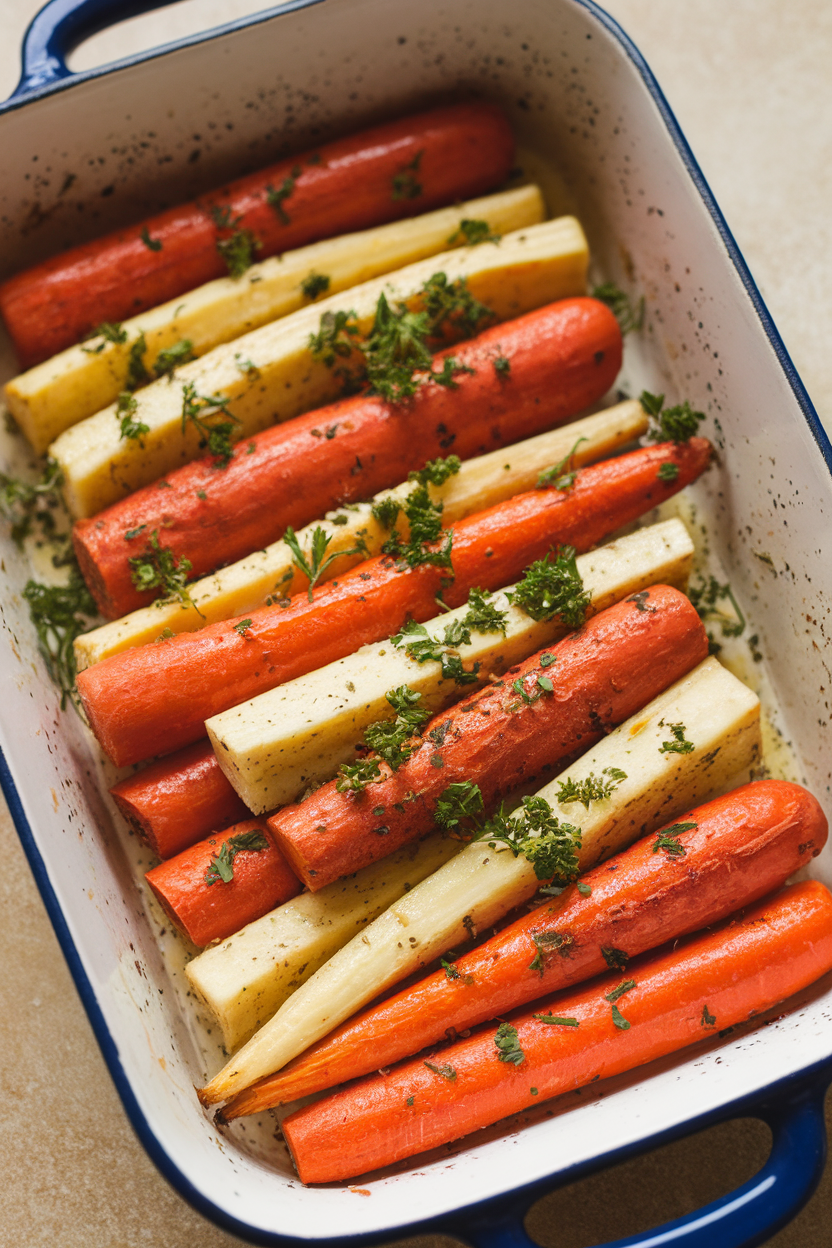 Indoor casserole dish of roasted carrot and parsnip batons coated in herb butter and speckled with parsley. Photo, no text or logos.
