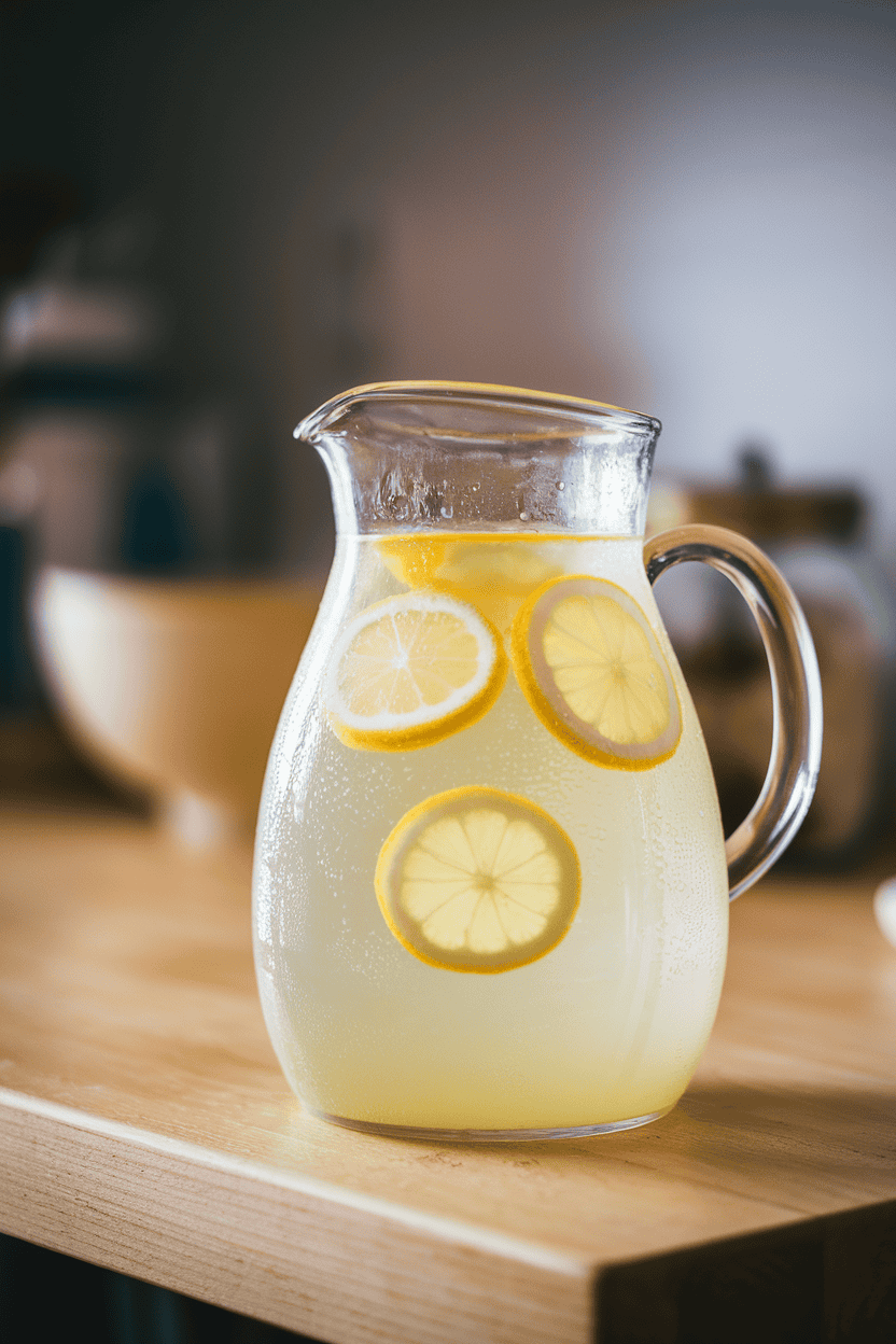 Photo of a glass pitcher of pale yellow lemonade with lemon wheels floating, condensation visible, placed on an indoor counter. No logos or text in scene.