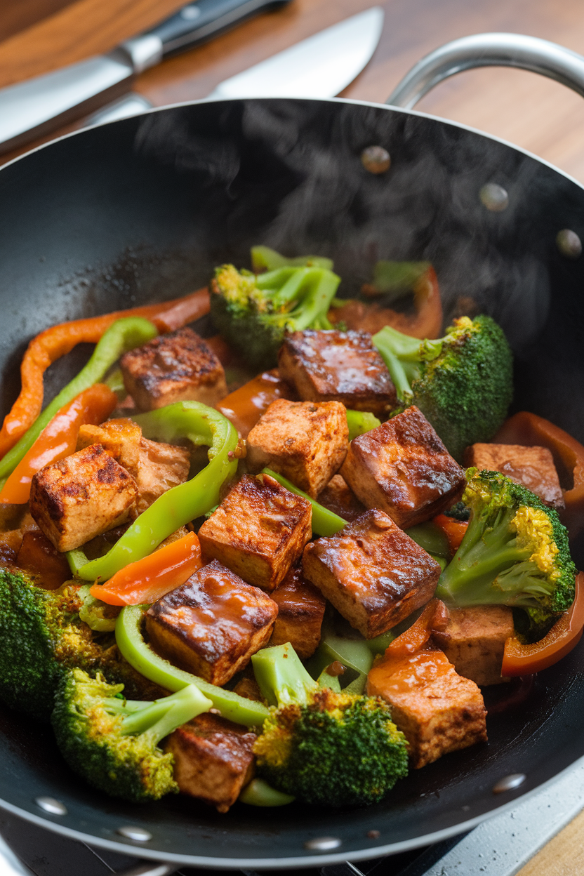 Indoor photo of a wok filled with browned tempeh cubes, bright green broccoli florets, and bell pepper strips glossy with soy-ginger sauce. Steam visible, no text or logos.