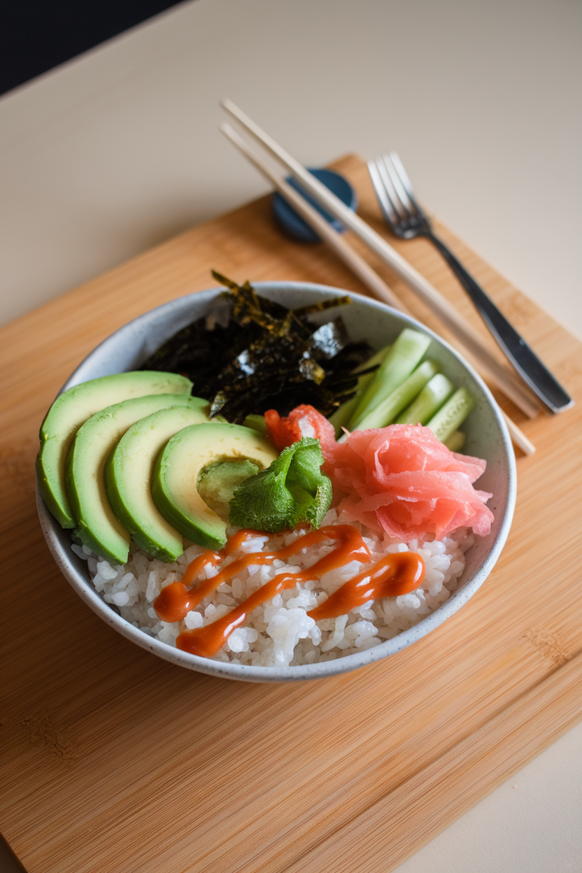 Indoor photo of a shallow bowl containing sushi rice, sliced avocado, cucumber sticks, roasted seaweed strips, pickled ginger, and a drizzle of sriracha mayo. No logos or text anywhere.