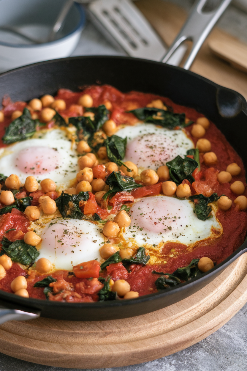 Indoor photo of a skillet of tomato-based shakshuka dotted with poached eggs, chickpeas, and spinach; no text or logos.