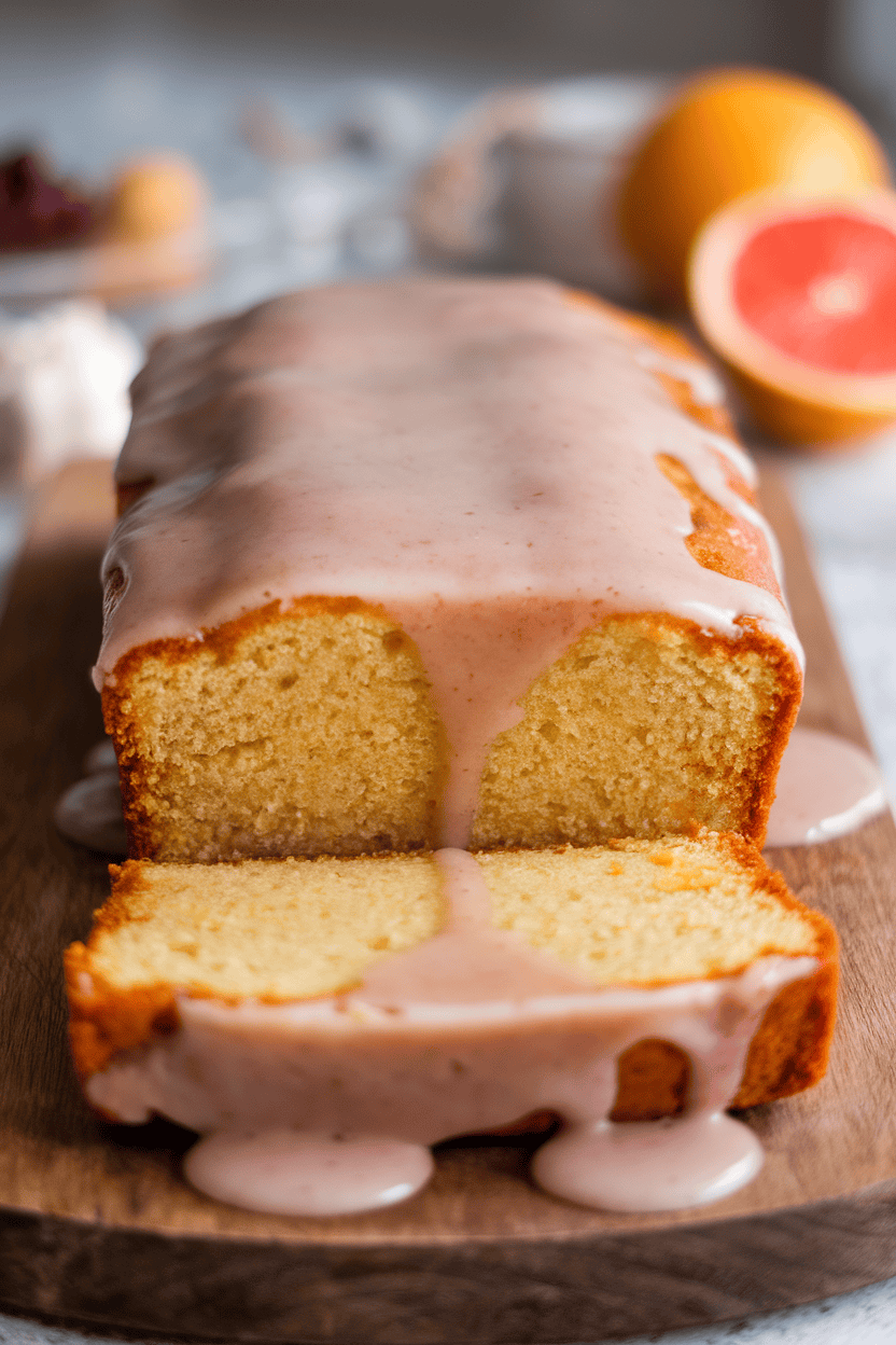 Indoor photo of a loaf cake sliced to reveal moist crumb, grapefruit glaze pooling on top, no text or logos