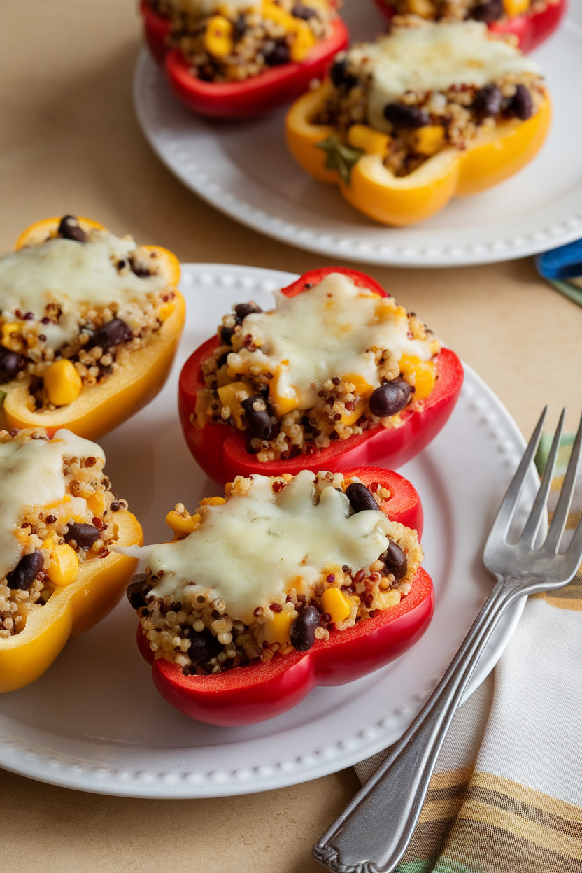 An indoor table setting with halved red and yellow bell peppers filled with colorful quinoa, black beans, and corn, cheese lightly melted on top. No text or logos, photo style.