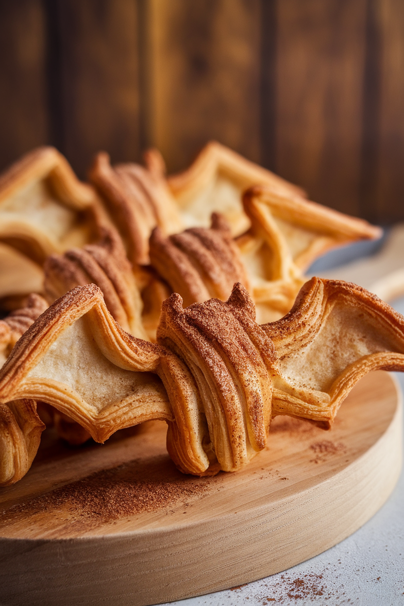 Photo of puff pastry twists dusted with cinnamon sugar shaped like bats, indoor pastry board, no text or logos.